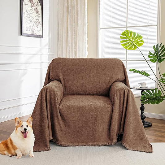 MYSKY HOME Chair Couch Covers Sectional Couch Covers for Pet Sofa Covers Non Slip Soft Couch Sofa Cover, Washable Furniture Protector Sofa Slipcover with Tassel Sofa Throws, 71"x91", Chocolate