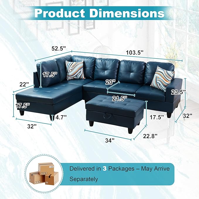 103.5" Oversized Sectional Couch, L Shaped Couch with Storage Ottoman, Modern Modular Sofa with Deep Seat, Sectional Couches for Living Room and Office, Peacock Blue (PU Leather)