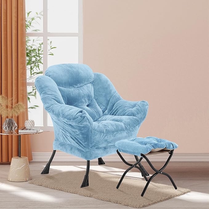 Lazy Chair with Folding Ottoman, Accent Chair Plush Upholstered with Metal Structure and Non-Slip Pads, Sofa Armchair with Footrest and Side Storage Bag for Dorm, Room, Office, Blue