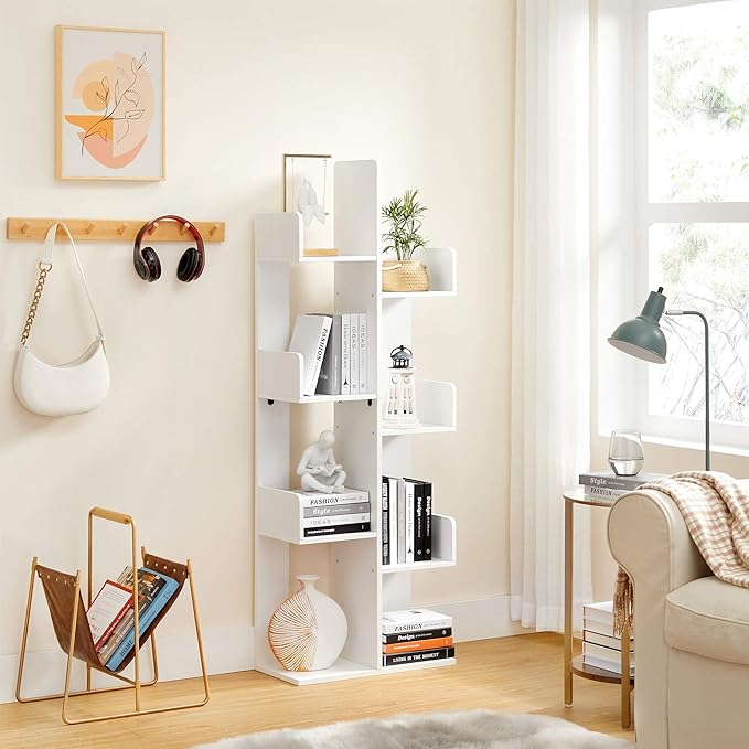 VASAGLE Bookcase, Tree-Shaped Bookshelf with 8 Storage Shelves, Rounded Corners, White 9.8D x 19.7W x 55.1H in, Engineered Wood