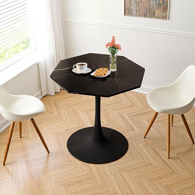 Dining Table for 2-4, 31.5" Kitchen Table with Printed Marble Top, Modern Tables for Dining Room, Living Room, Coffee Bar, Black
