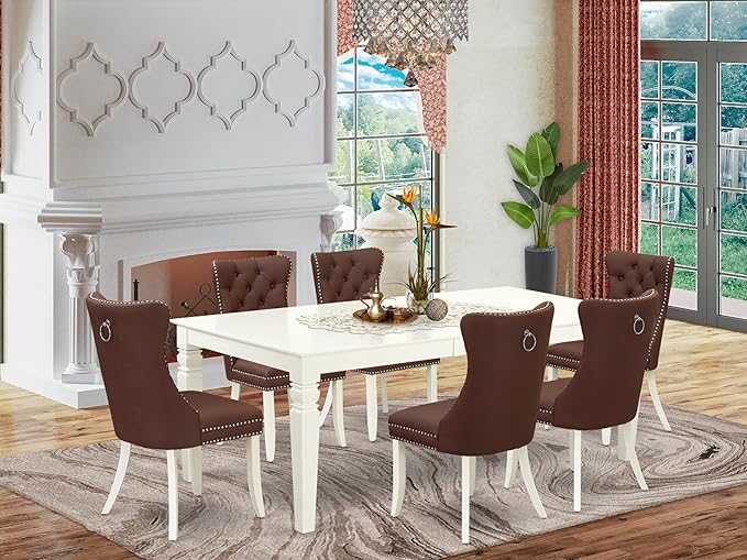 East West Furniture LGDA7-LWH-26 7 Piece Dining Set Contains a Rectangle Kitchen Table with Butterfly Leaf and 6 Polyester Fabric Upholstered Parson Chairs, 42x84 Inch, linen white