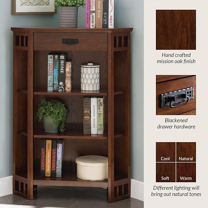 Leick Home 82263 Mission Mantel Height Corner Bookcase with Drawer Storage, Made with Solid Wood, for Entryway, Living Rooms, Home Office, Bedroom, Mission Oak Finish