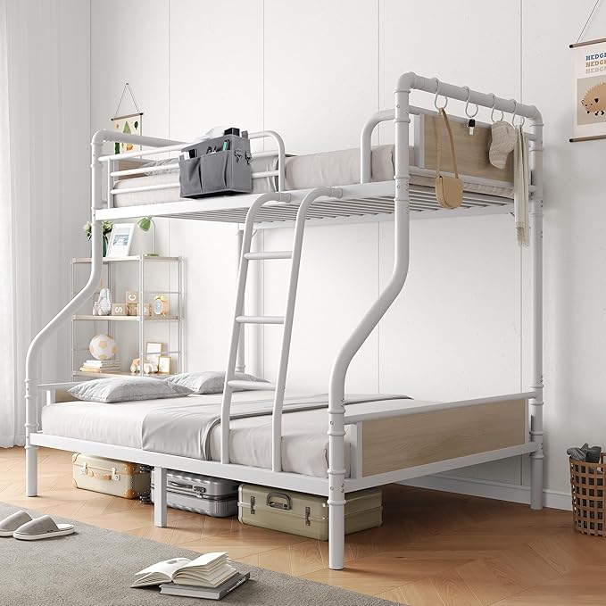 Metal Bunk Bed Twin Over Full, Industrial Bunkbeds Heavy Duty Bed with Safety Guard Rails and Space-Saving Design, Steel Bed for School, Bedroom (White)