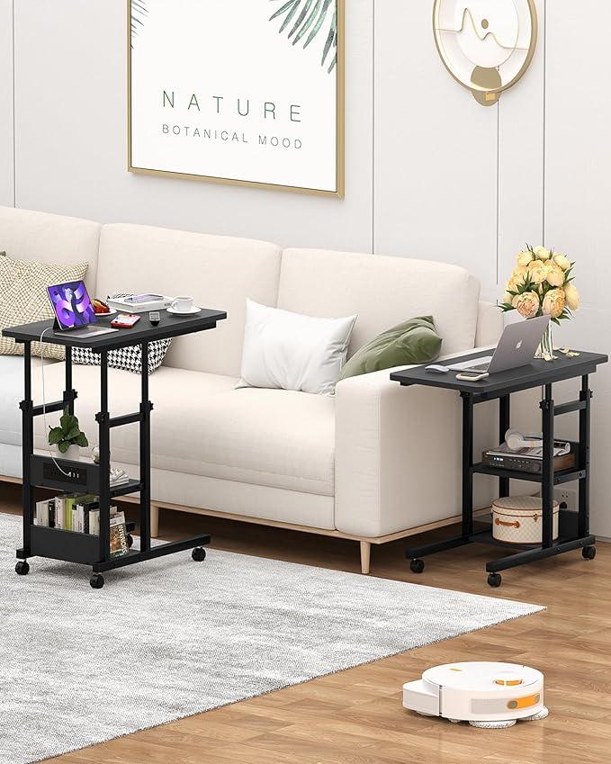 C Shaped End Table Height Adjustable - Couch Side Table with Charging Station, TV Tray with Wheels Slide Under Sofa for Small Spaces, Living Room Bedroom, Black