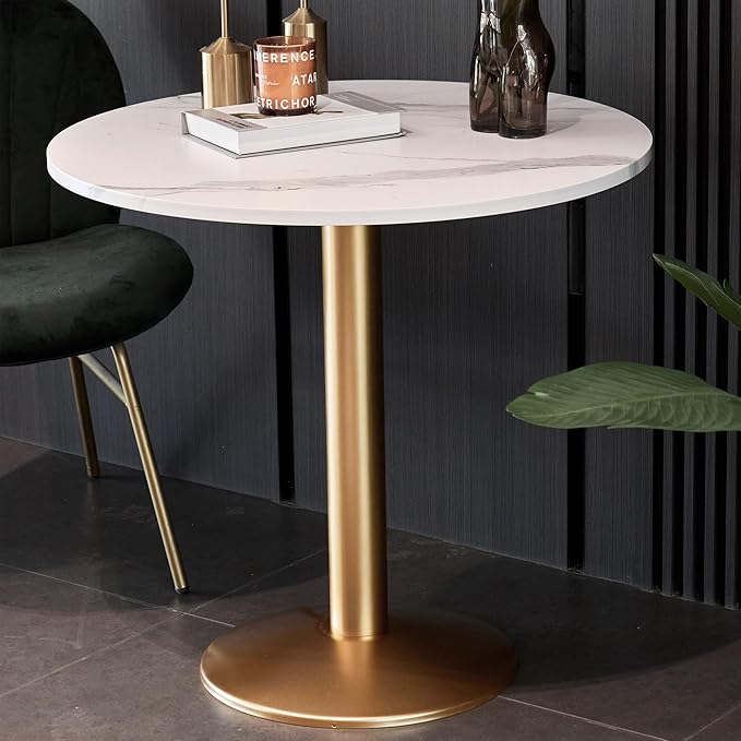 Round Modern Dinning Table 30 inches Bistro Tulip Table with White Faux Marble top Gold Sturdy Metal Frame,Easy Assemble,Diameter 30in*H28.54in