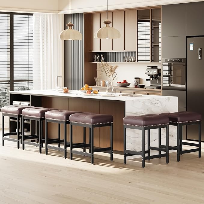 MALOL Set of 3 Saddle Bar Stools Counter Height 24.4”, Brown Backless Barstools for Kitchen Island, Modern PU Leather Cushioned Seat, Bar Chairs for Kitchen Counter, Breakfast Bar Stools for Home