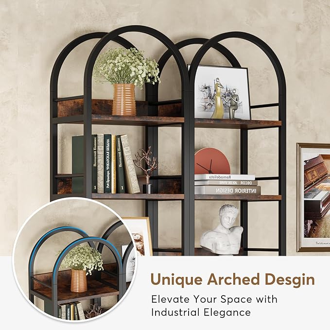LITTLE TREE Bookshelf Set 2, Skinny 78.7 Inches Tall Arched Bookshelf, 6 Tiers Brown Open Bookcase with Black Metal Frame, Freestanding Corner Display Shelves Rack for Living Room, Home Office