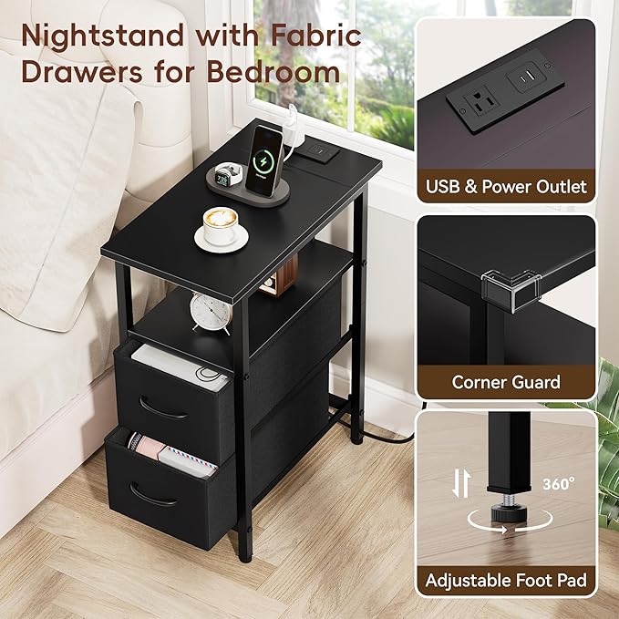 Vagusicc End Table with Charging Station Set of 2, Narrow Side Table, 23.8'' Tall Nightstand with 2 Drawers, Small Sofa Side Table Narrow Nightstand for Small Spaces, Living Room, Bedroom, Black