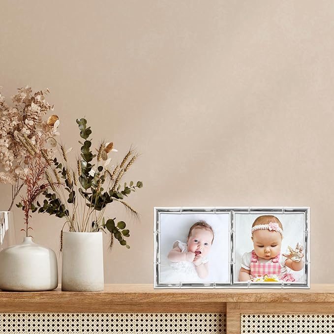 Lawrence Frames 4x4 Double Silver Metal Picture Frame with Bamboo Design
