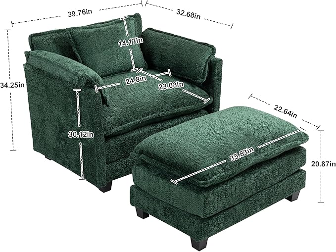 Furniliving Oversized Accent Chairs with Ottoman, Luxury Boucle Single Sofa, Upholstered Deep Seat Chaise Lounge with Pillows for Living Room, Bedroom, Apartment, Green