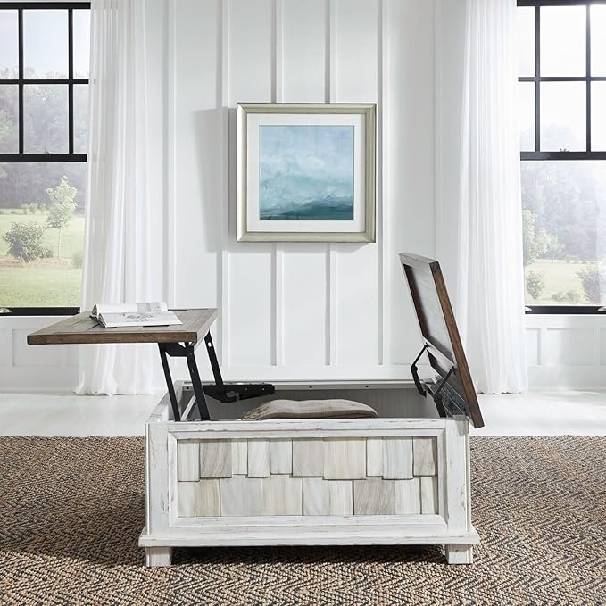 Liberty Furniture River Place Living Room Lift Top Storage Cocktail Table - Riverstone White & Tobacco