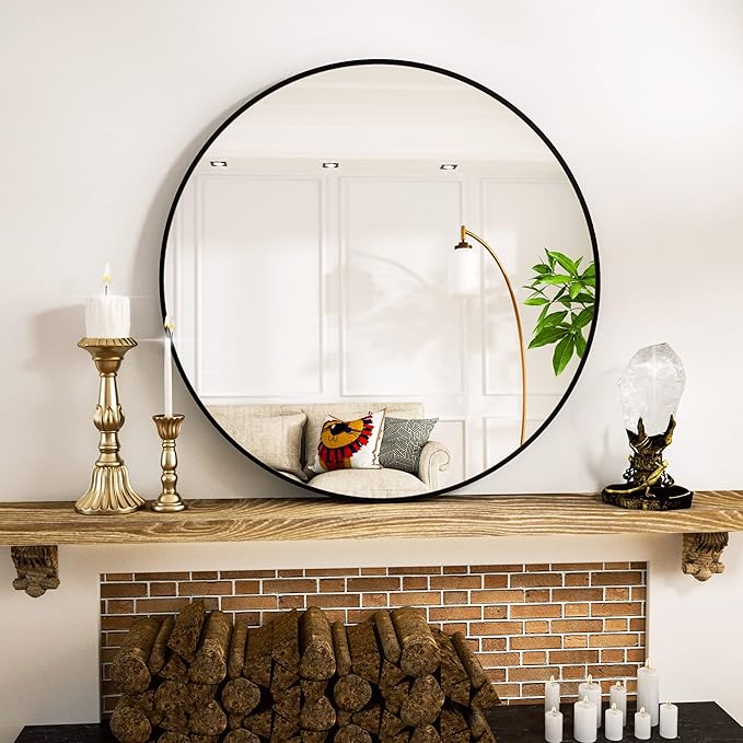 Round Mirror 15.7" Black Wall Mounted Circle Mirrors Vanity Mirror with Aluminum Alloy Frame Modern Decoration for Bathroom, Living Room, Vanity, Bedroom, Entryway