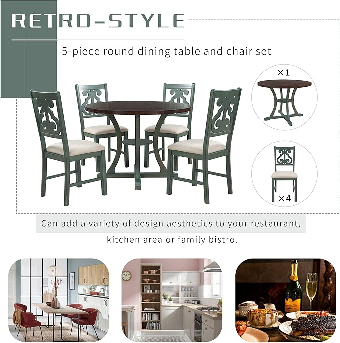 Merax 5 Piece Round Dining Table Set 4 Retro Chairs with Special-Shaped Table Legs, Exquisitely Designed Hollow Chair Back for Dining Room, Antique Blue