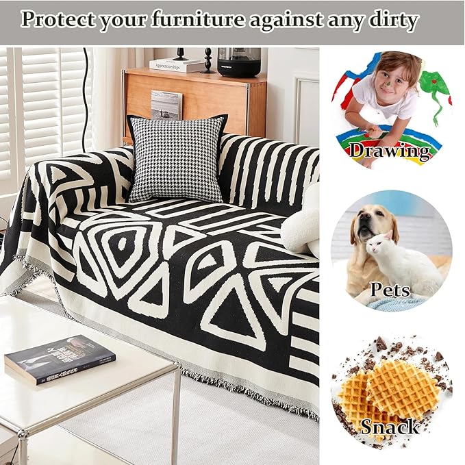 VM VOUGEMARKET Black Couch Cover for 2 Cushion Chenille Loeveseat Sofa Cover Dog Proof Furniture Protector Cover Universal Sofa Slipcover L Shaped Sectional Couch Cover with Tassels-71 x 118,Black