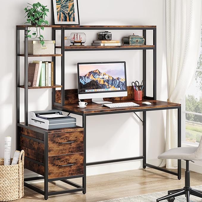 Tribesigns 55 Inch Computer Desk with 2 Drawers and Storage Shelves, Rustic Office Desk with Hutch, Study Writing Gaming Table Laptop Workstation for Home Office (Brown)