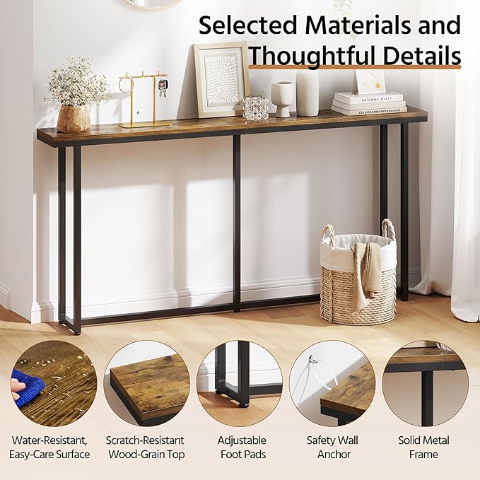 Yaheetech Narrow Console Table with Sturdy Metal Frame, 71 Inch Extra Long Entryway Sofa Table for Behind Couch, Hallway, Living Room, Rustic Brown