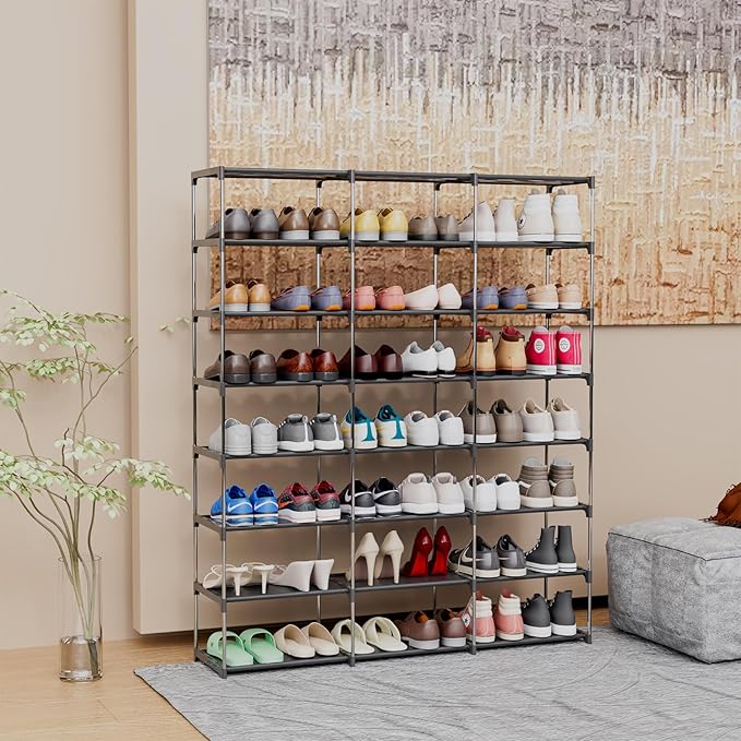 Large Shoe Rack 3 Row 8 Tier 40-60 Pairs Shoes Boots with Plastic Plate Home Sturdy Storage Organizer Shelf for Garage Entryway Hallway Front Doorway