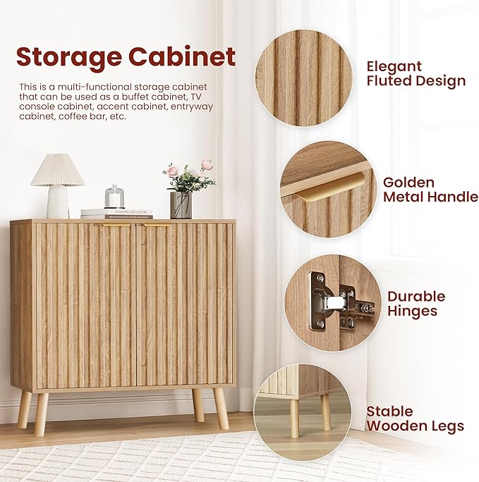 Pamapic Fluted Storage Cabinet, Sideboard Buffet Cabinet with Storage, Wood Credenza with Adjustable Shelves, Modern Accent Cabinet for Living Room, Kitchen, Entryway, Natural(2, Oak)