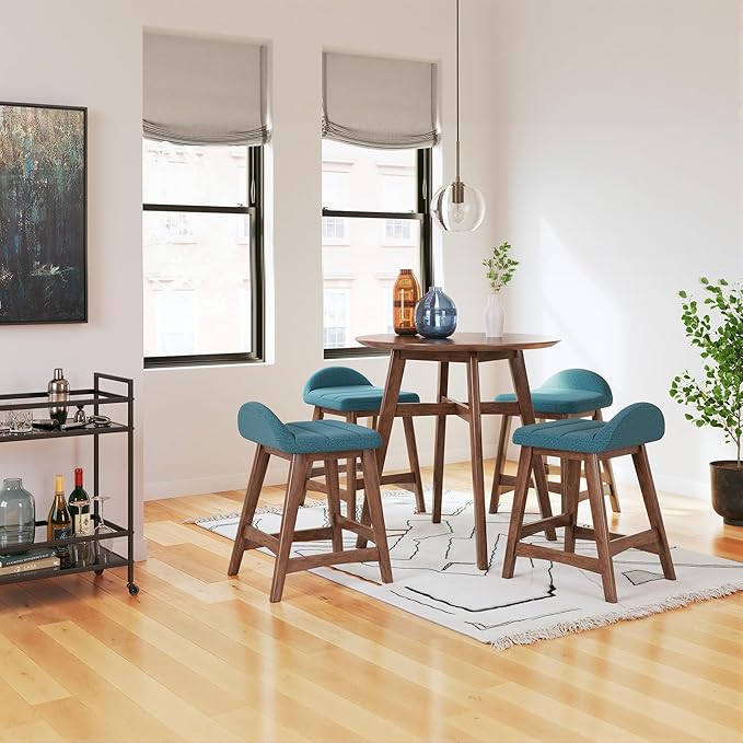 Signature Design by Ashley Lyncott Contemporary 28.5" Counter Height Upholstered Bar Stool with Foam Cushion, 2 Count, Blue & Brown