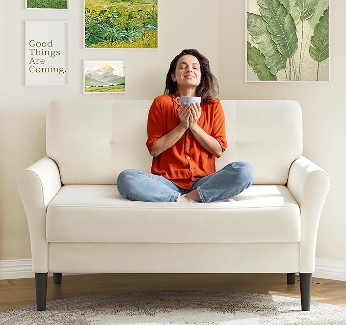 Small Sofa Couch, 48" Loveseat Sofa, Soft Velvet Love Seat Couches, Small Couch for Bedroom with 21" Deep Seat, Comfy Couches for Living Room, Tool-Free Setup Sofas for Living Room, White