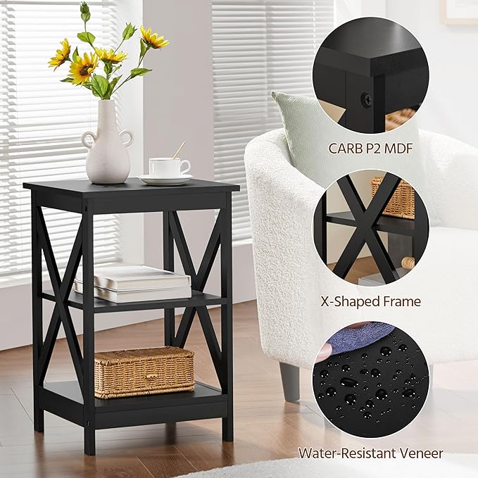 Yaheetech Black End Table Set of 2, 16x16x24 in Sturdy 3-Tier Side Tables with Storage Shelf & Solid Wood Legs, 2Pcs X-Design Modern Sofa Side Table for Living Room Office, Easy Assembly