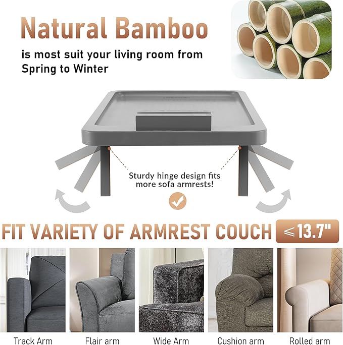 SINWANT Couch Armrest Table,Bamboo Couch Arm Table 360° Phone Holder,Foldable Sofa Arm Tray for Eating Drinking Snacks Remote on Chair Armrest