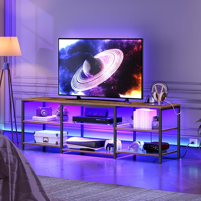 HOOBRO LED TV Stand for 75 Inch TVs with Charging Station, Gaming Entertainment Center with Open Storage, Media TV Console Table, TV Stand for Living Room, Bedroom, Rustic Brown and Black BF21UDDS01