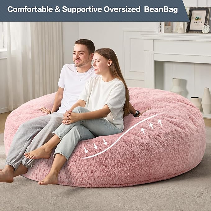 Hobestluk 6ft Bean Bag Chairs for Adults Large Beanbag Chair with Chevron Plush Fur Cover Big Bean Bag Chair for Living Room Bedroom Dorm Office - Pink (70" x 70" x 15")