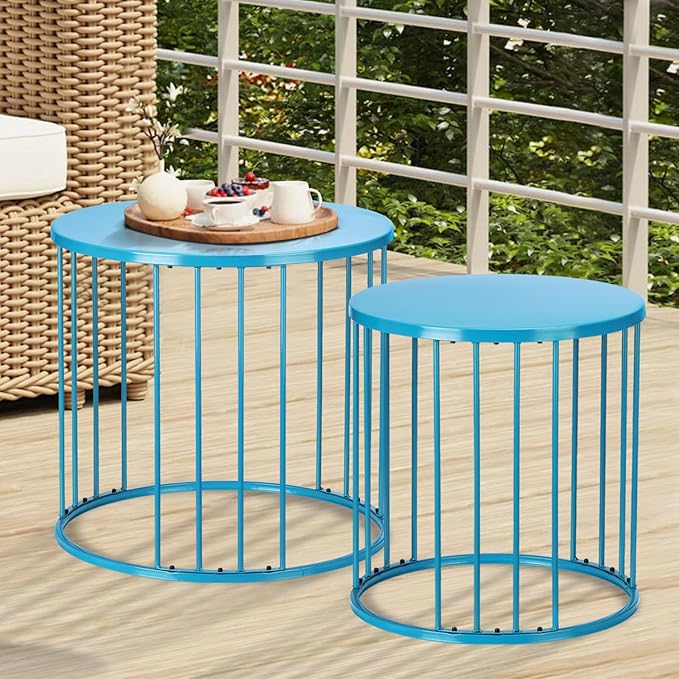 LEWIS&WAYNE Outdoor Side Table Set of 2, Metal Circle Accent End Tables for Balcony Backyard Garden Indoor Living Room, Durable Blue Nesting Coffee Tables, 20”+16” Dia