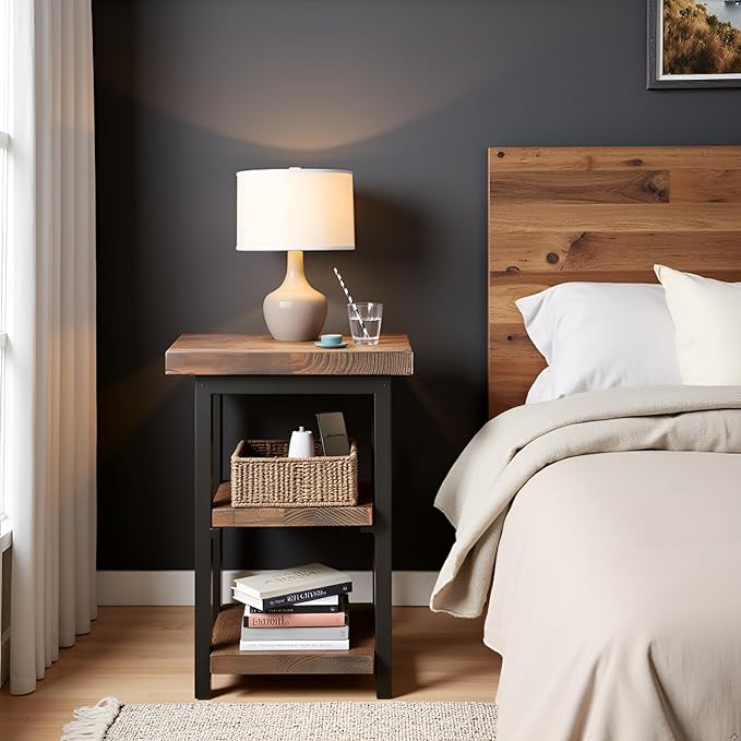 Pomona 3-Tier Solid Wood End Table with Storage Shelves – Rustic Industrial Space-Saving Side Table or Nightstand for Living Room, Bedroom, or Entryway by Alaterre Furniture