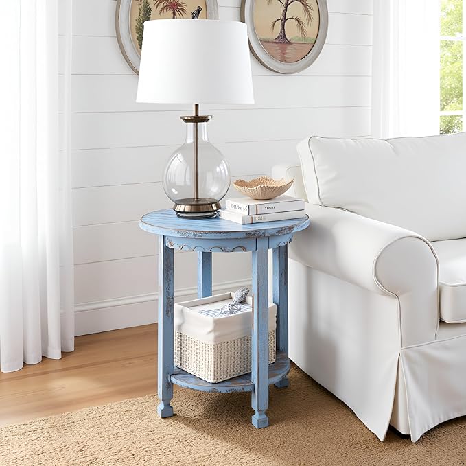 Rustic Cottage Round End Table w/ 1 Shelf - 25 in. W x 20 in. D x 24 in. H - Distressed Blue - Assembly Required - Select Hardwoods with Wood - Living Room Furniture - Solid Wood
