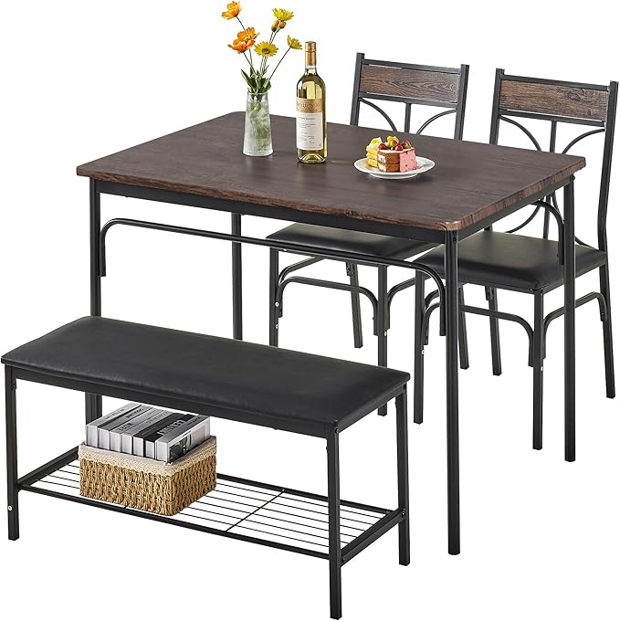 VECELO Kitchen Dining Table Set with Upholstered Bench & 2 Chairs | Space-Saving Compact Design | Perfect for Small Apartments, Breakfast Nooks