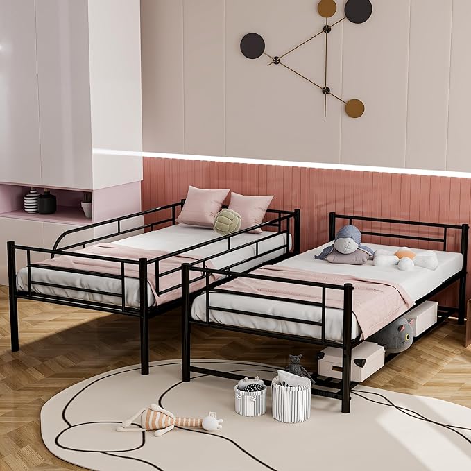 Twin Over Twin Metal Bunk Bed with Shelf and Guardrails, Heavy-Duty Steel Bed Frame,Built-in Ladder,Can Be Divided into 2 Separate Beds,for Kids Teens Adults,Black