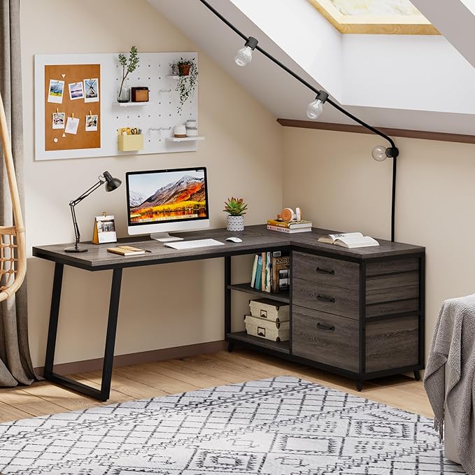 Tribesigns L-Shaped Desk with 3 Drawers, Reversible Corner Home Office Computer Desk with Shelves, 53-Inch Industrial PC Desk Study Writing Table Workstation for Small Space, Grey