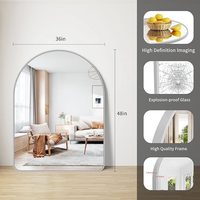 FORBATH Large Arched Wall Mirror 48x36 Inch, Silver Arch Bathroom Mirror with Aluminum Frame, Arched Mirror for Dresser, Fireplace,Entryway,Home Decor,Hanging or Leaning Against Wall