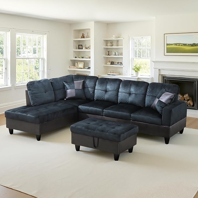 NicBex Sectional Couch 3 Pieces Sofa Set with Right Chaise Lint PVC L Shaped Cloud Couch for Living Room Furniture Sets with Storage Ottoman, Modular Sofa for Living Room & Apartment, Dark Blue+Brown