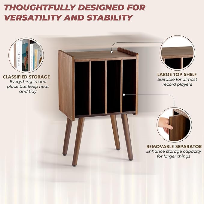 Wooden Record Player Stand, Vinyl Record Storage Holder Table with 4 Cabinets, Holds up to 100 LPs, Metal Organizer Stand, Classical Design for Files/Book (Walnut, 2 Tier)