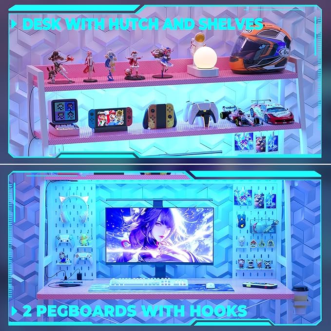 Small Gaming Desk with Hutch and LED Lights, Gaming Computer Desk with Power Outlets, Gamer Desk with Storage Shelves, Game Desks with Pegboards for Bedroom Small Spaces, Pink, 43"
