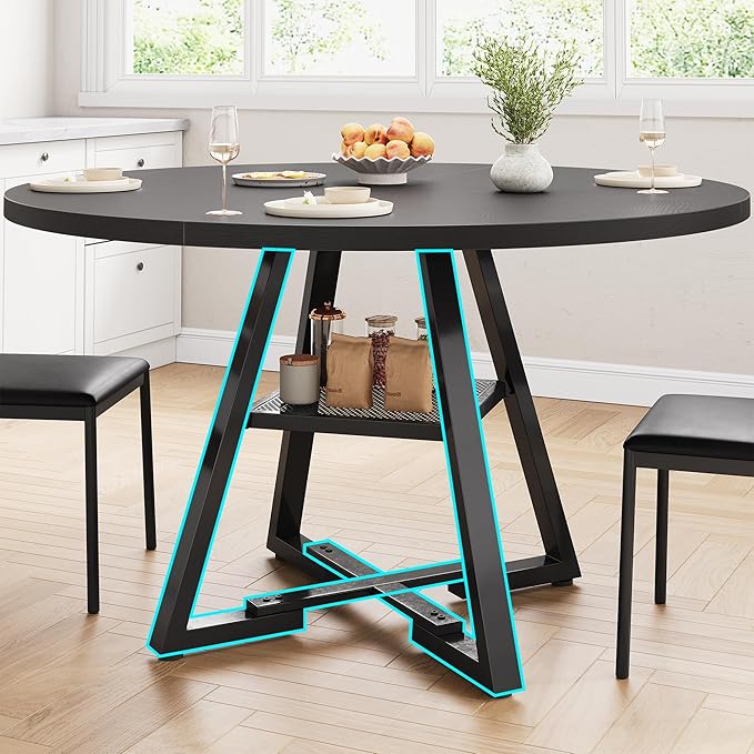 51‘’ Round Dining Table Set for 4, Kitchen Table and Chairs for 4, Circle Table Round Pedestal Dining Room Dinner Dinette Table Set,5 Piece Space Saving Wood Kitchen & Dining Room Tables (Black, 51In)