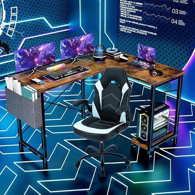 Whitmor L Shaped Gaming Desk - 50 Inch Reversible Corner Computer Desk with Wood Top, Metal Frame, CPU Stand & Side Bag, Home Office Dorm Sturdy Writing Workstation, Brown