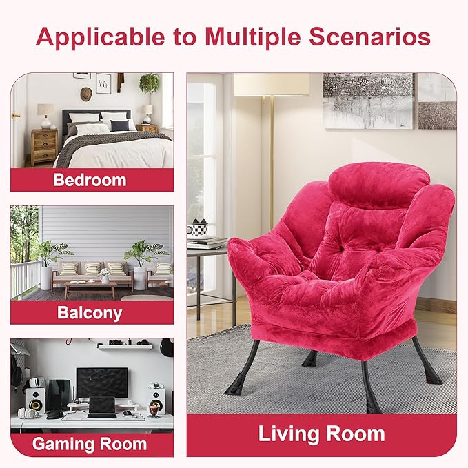 Fabric Lazy Chair for Adults, Oversized Upholstered Sofa Chair, Plush Comfy Lounge Chair with Large Side Storage Pocket, Thick Padded Reading Chair for Living Room, Bedroom, Office, Rose Red