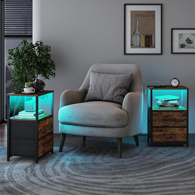 TUTOTAK LED End Table with Charging Station, Nightstand with Cloth Drawer, Side Table with 1 USB Port and 1 Type-C Port, Set of 2, Couch Table, Brown TB01BB052L