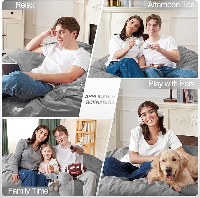 Homguava 6 FT Bean Bag Chair: 6' Bean Bags with Memory Foam Filled, Large Beanbag Chairs Soft Sofa with Dutch Velvet Cover-Light Grey