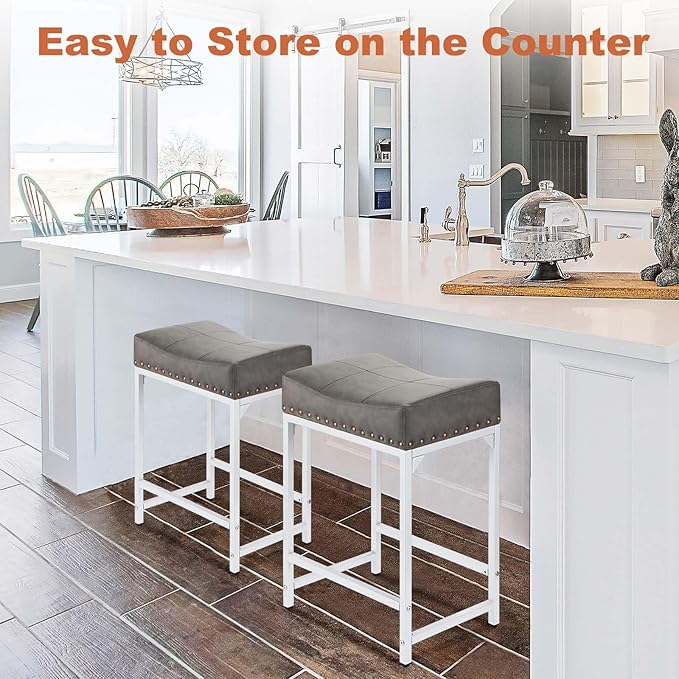 Bar Stools Set of 4, 24" Counter Height Bar Stools Set of 4 with Thick Saddle Cushion and Barstools Metal Frame, Modern Backless Saddle Counter Stools for Kitchen Island Bar Grey+White