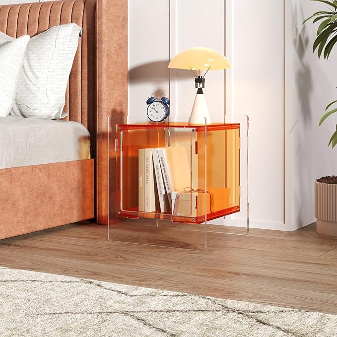 Acrylic End Table, Side Table Nightstand with Open Storage Shelf, 2-Tier Bedside Table Home Decor Display for Bedroom, Living Room, Office (1, Orange)