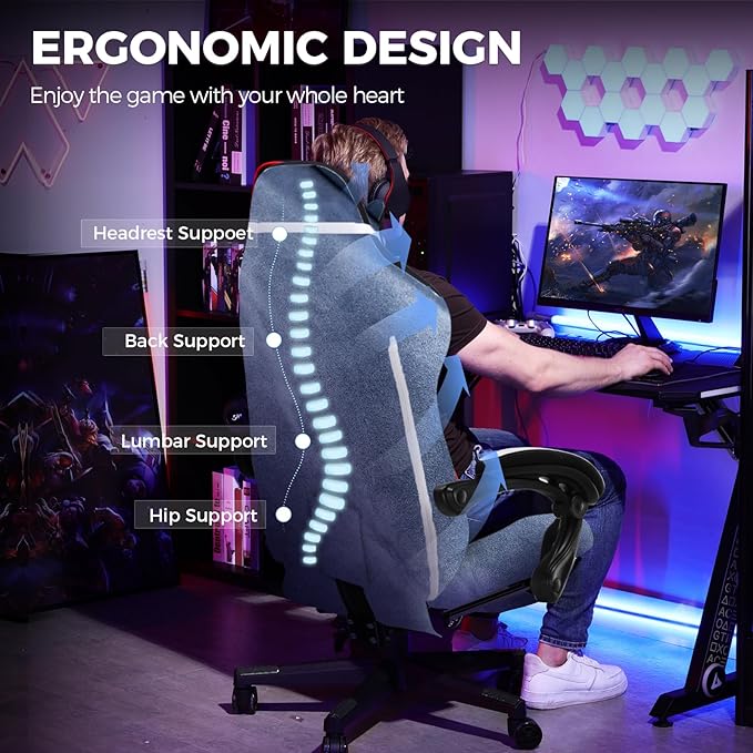 GTPLAYER Gaming Chair Fabric with Footrest, Big and Tall Game Chair High Back Computer Office Chair with Lumbar Support for Adults, Ergonomic Swivel Games Chair with Cushion Gaming Dark Blue
