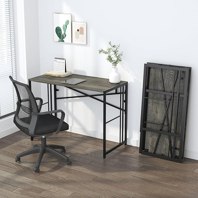 40 inch Folding Desk, Writing Gaming Computer Camping Desk, No Assembly Required Home Office Table, Black Oak