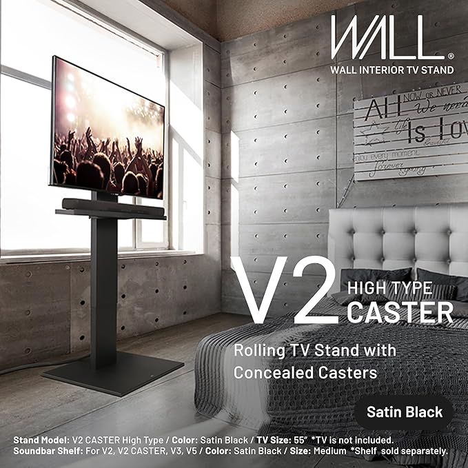 WALL V2 Caster High Type | Minimalist Rolling TV Stand for 32–60 Inch | Satin Black | Portable, Space Saving, Height Adjustable, No Drill | for Living Room and Bedroom | Japanese Design & Engineering
