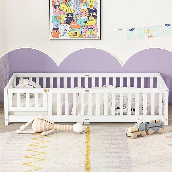 Twin Floor Bed Frame with Slats and Safety Guardrail, Wood Twin Size Montessori Floor Bed with Door and Fence, Easy Assemble Montessori Beds for Kids, Girls, Boys, White